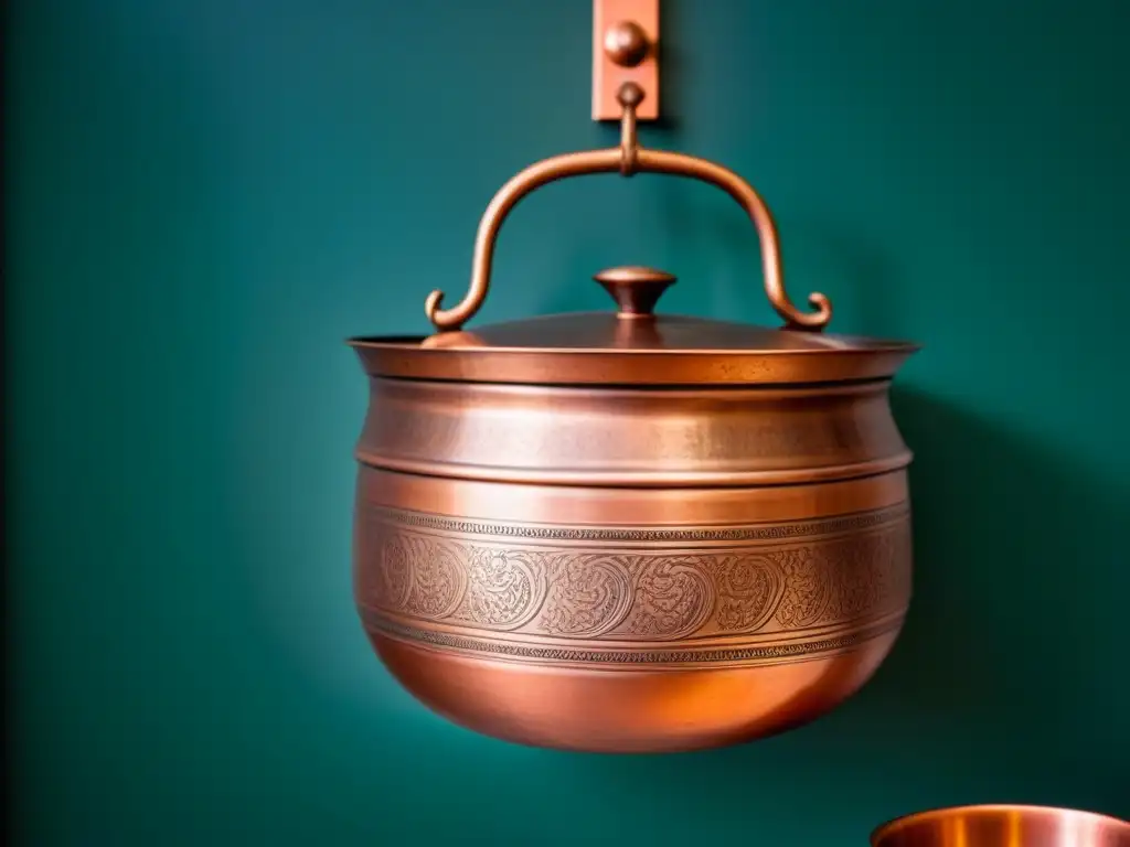 Utensilios históricos cocina siglo XXI: olla de cobre antigua en pared moderna, resaltando pátina y detalles