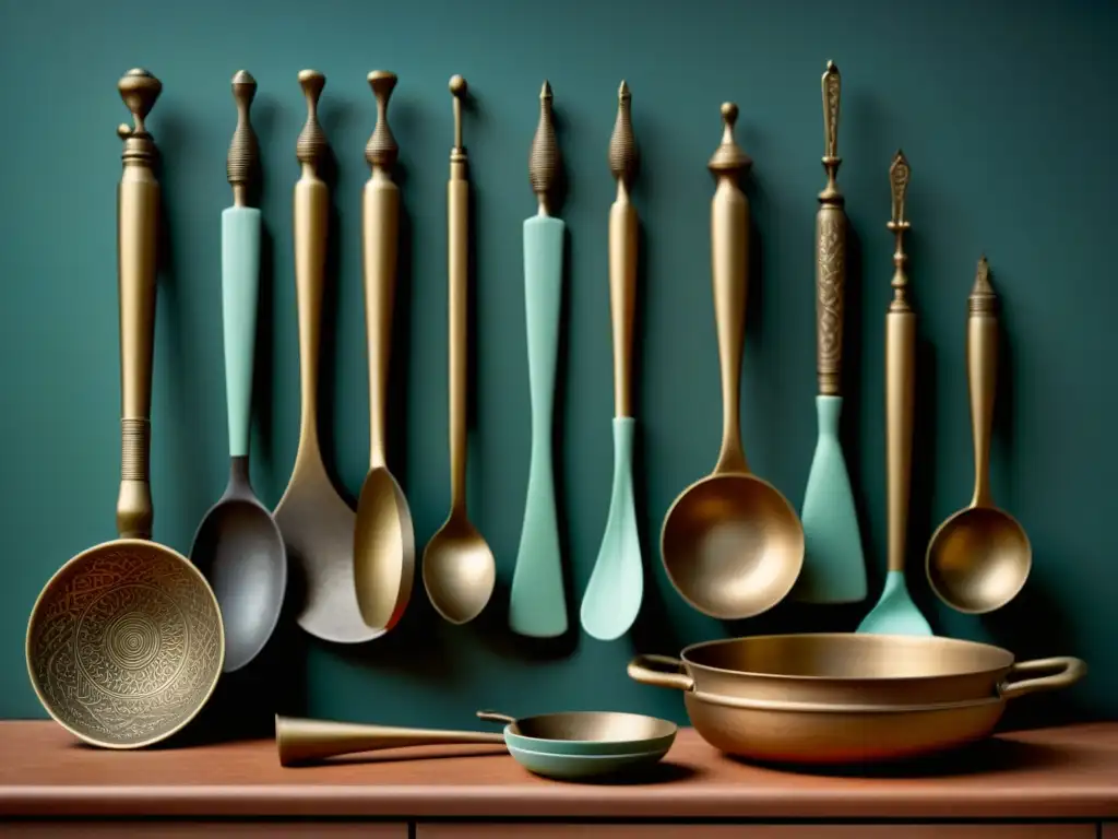 Utensilios históricos cocina siglo XXI: Detalles de utensilios antiguos de bronce y arcilla en contraste con una cocina moderna