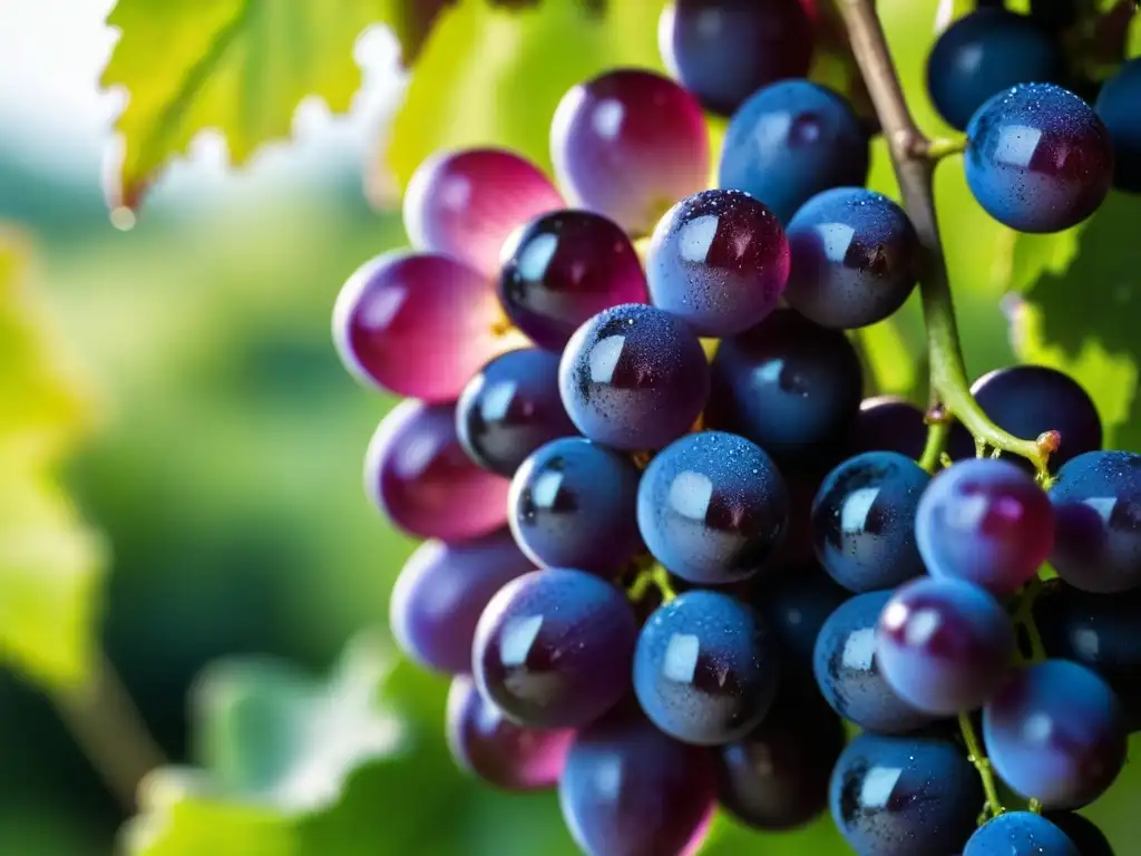 Uvas moradas frescas brillantes con rocío bajo la luz matutina