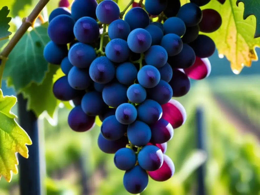 Uvas púrpuras brillantes en viñedo soleado con rocío