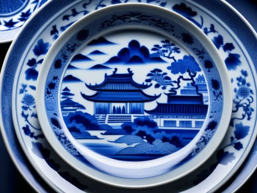 Plato de porcelana Ming: detalle artístico en azules y blancos Una vajilla de porcelana Ming con intrincados diseños en azules y blancos, resaltando la historia y la artesanía