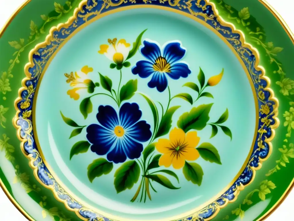 Una vajilla de porcelana del Barroco francés con exquisitos detalles florales en azul, verde y dorado, mostrando sofisticación y elegancia artística