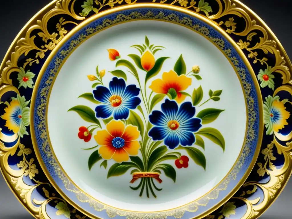 Una vajilla de porcelana del Barroco francés, con patrones florales vibrantes y detalles en oro bajo una suave iluminación