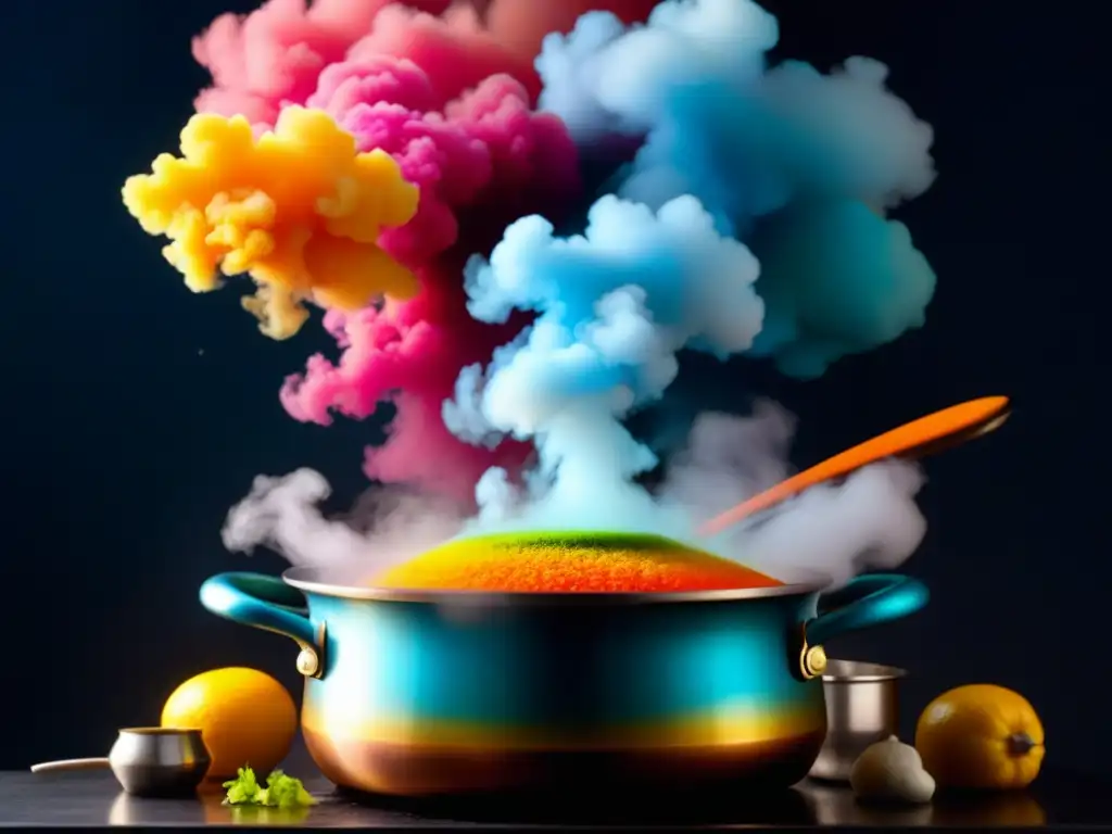 El vapor danza sobre una olla de ingredientes coloridos, reflejando la evolución de la cocción en olla