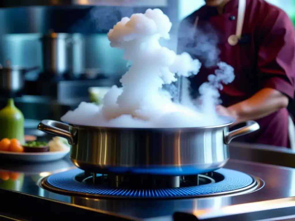 Vaporera de alta tecnología en cocina asiática con chefs preparando platos tradicionales