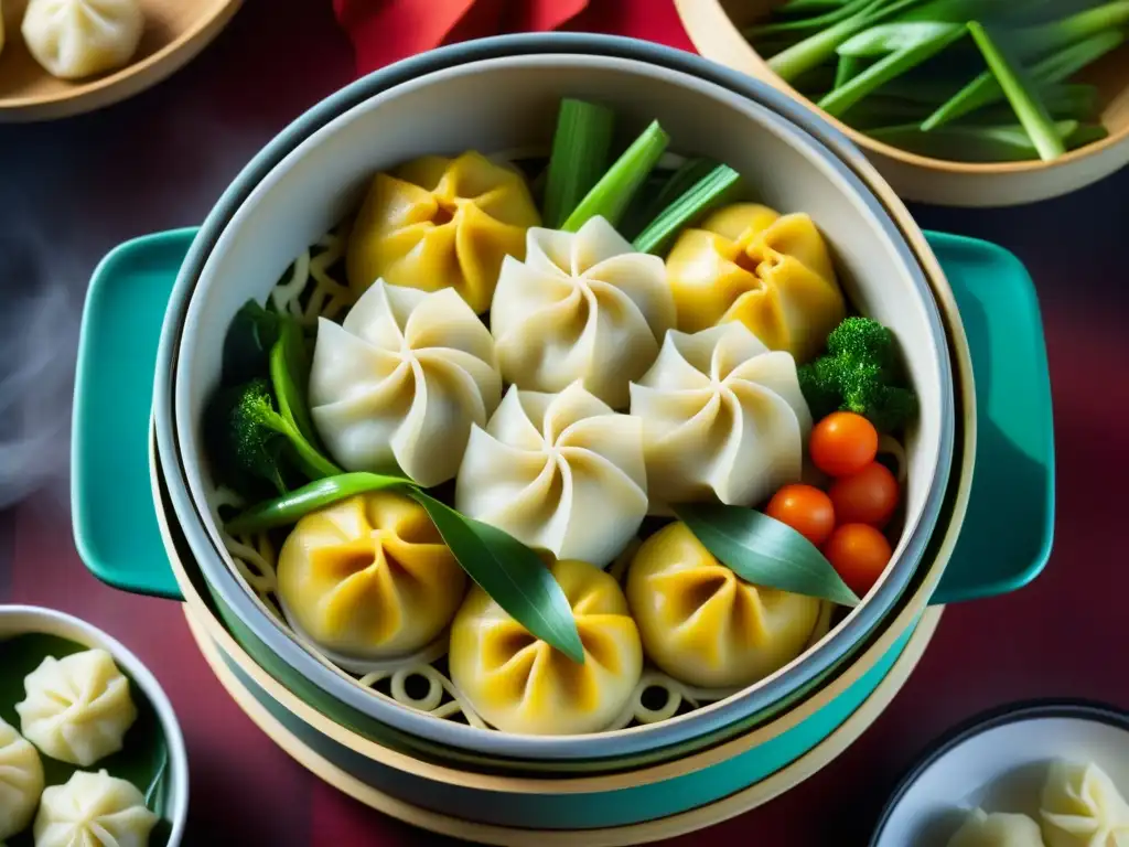 Un vaporoso banquete de verduras y dumplings en un tradicional vaporera de bambú, resaltando las Técnicas de cocción al vapor