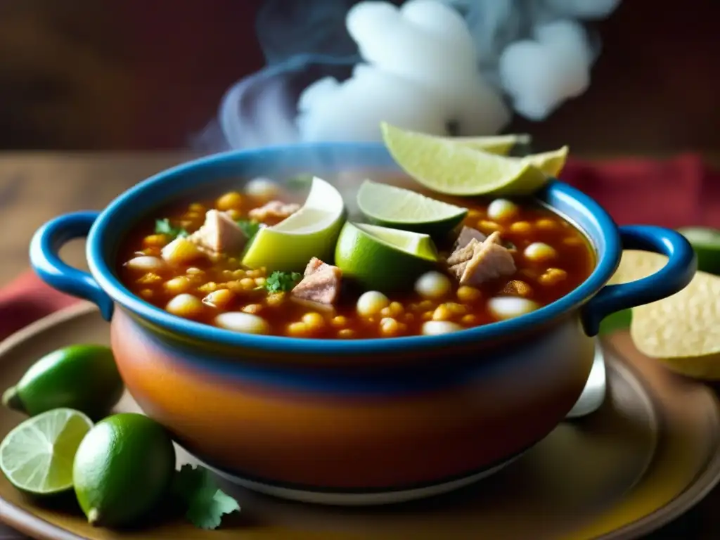 Vaporoso pozole mexicano burbujeante, con colores y texturas vibrantes, mostrando la historia del pozole en México