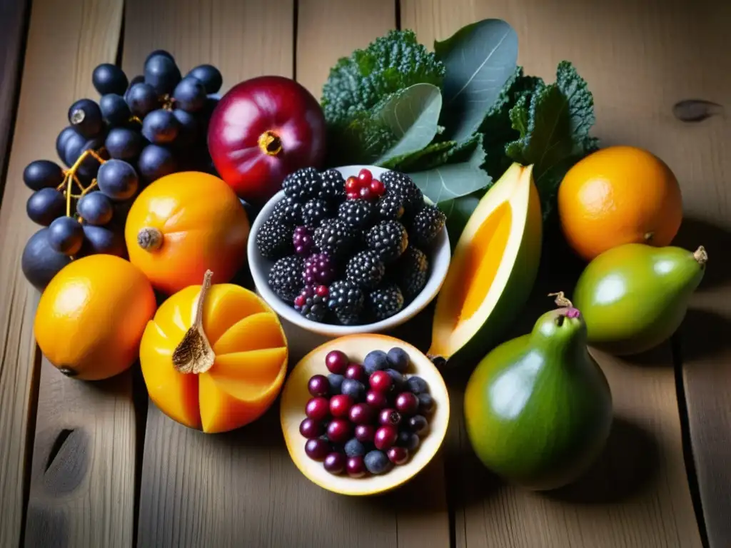 Una variedad de alimentos antioxidantes antiguos en una mesa rústica, destacando sus colores y texturas