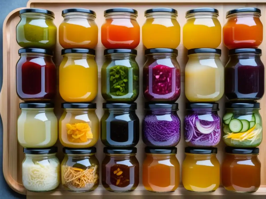 Una variedad de alimentos fermentados coloridos sobre tabla de madera