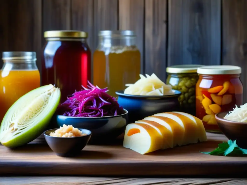 Variedad de antiguos alimentos fermentados en mesa rústica: sauerkraut, kimchi, miso, tempeh y kombucha