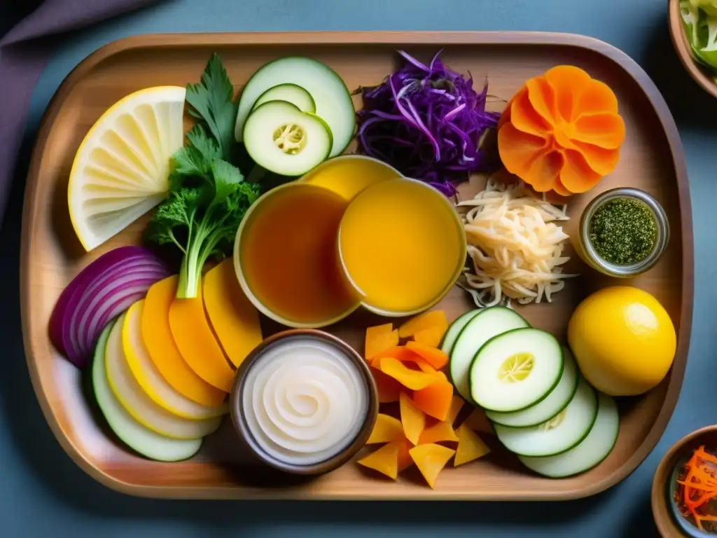 Una variedad colorida de alimentos fermentados en un plato de madera zen, mostrando la belleza y diversidad de la fermentación en la Dieta Zen