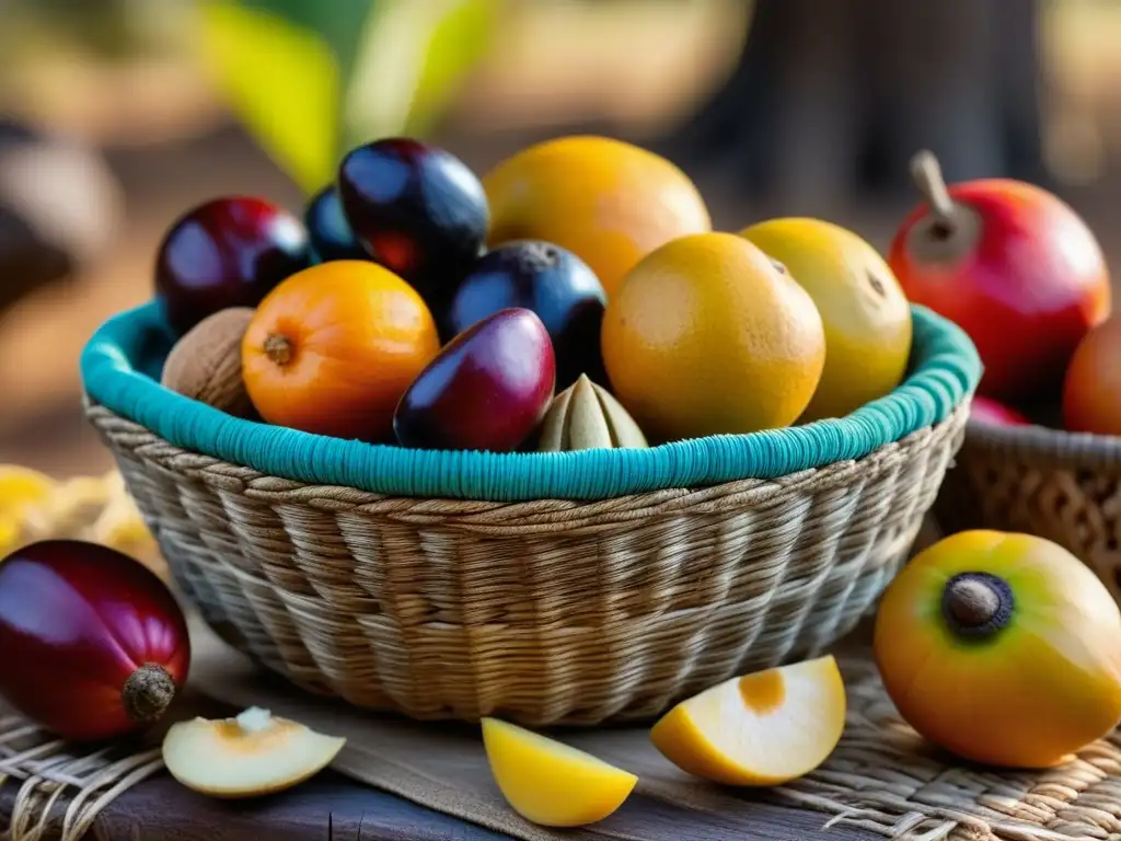 Exóticos frutos y nueces africanos en cesta de mimbre Variedad colorida de frutas y nueces africanas en cesta tejida, evocando dieta precolonial africana historia