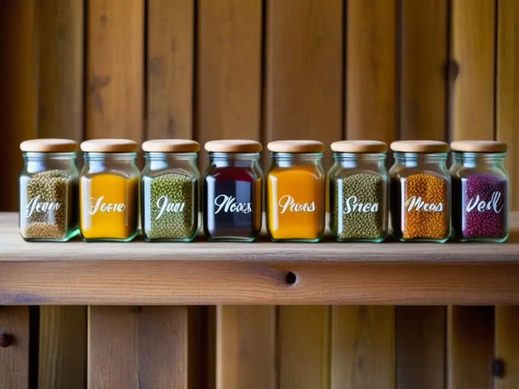 Variedad de especias exóticas en tarros de vidrio en una mesa de cocina rústica, iluminadas por luz natural