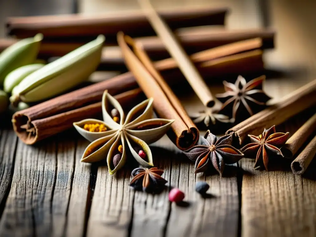 Variedad de especias históricas coloridas como ramitas de canela, clavos, cardamomo y anís estrellado en una mesa de madera rústica