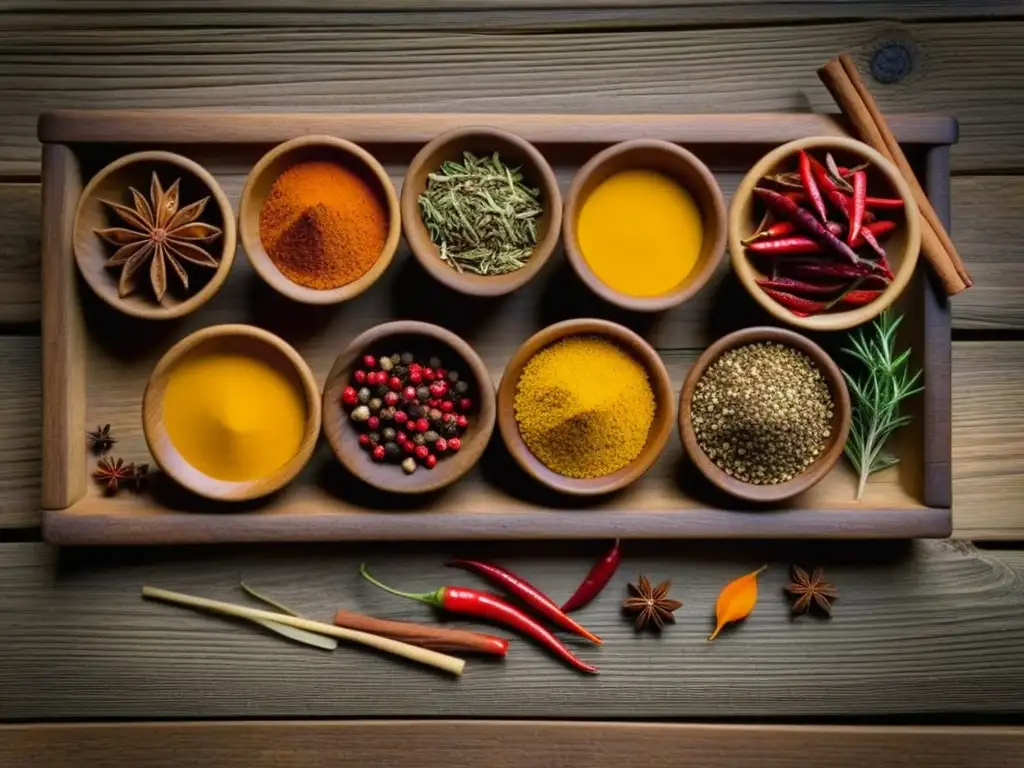 Una variedad de especias vibrantes en cuencos de madera en una mesa rústica, evocando preferencias culinarias a lo largo del tiempo