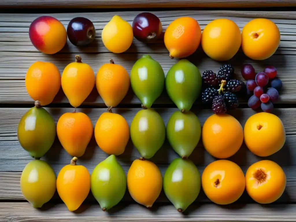 Una variedad de frutas deshidratadas vibrantes y detalladas, dispuestas en filas sobre una mesa de madera rústica