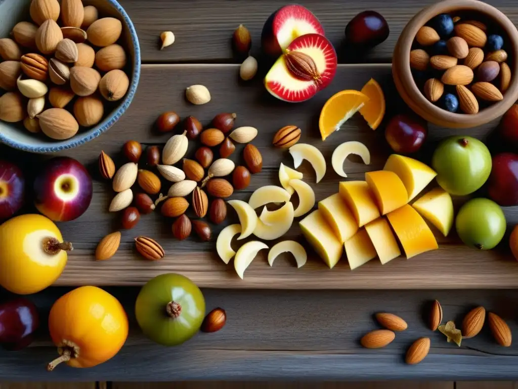 Despliegue de frutas y frutos secos: colorida abundancia natural Una variedad de frutas frescas y nueces en una mesa de madera rústica, evocando la dieta vikinga frutas nueces historia