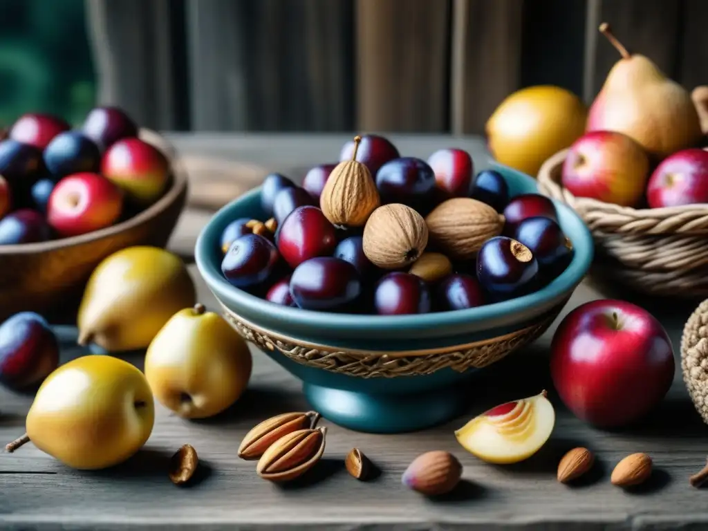 Delicias Vikingas: Frutas y Frutos Secos en Detalle Una variedad de frutas y nueces vibrantes en una mesa de madera rústica, fiel a la dieta vikinga frutas nueces historia