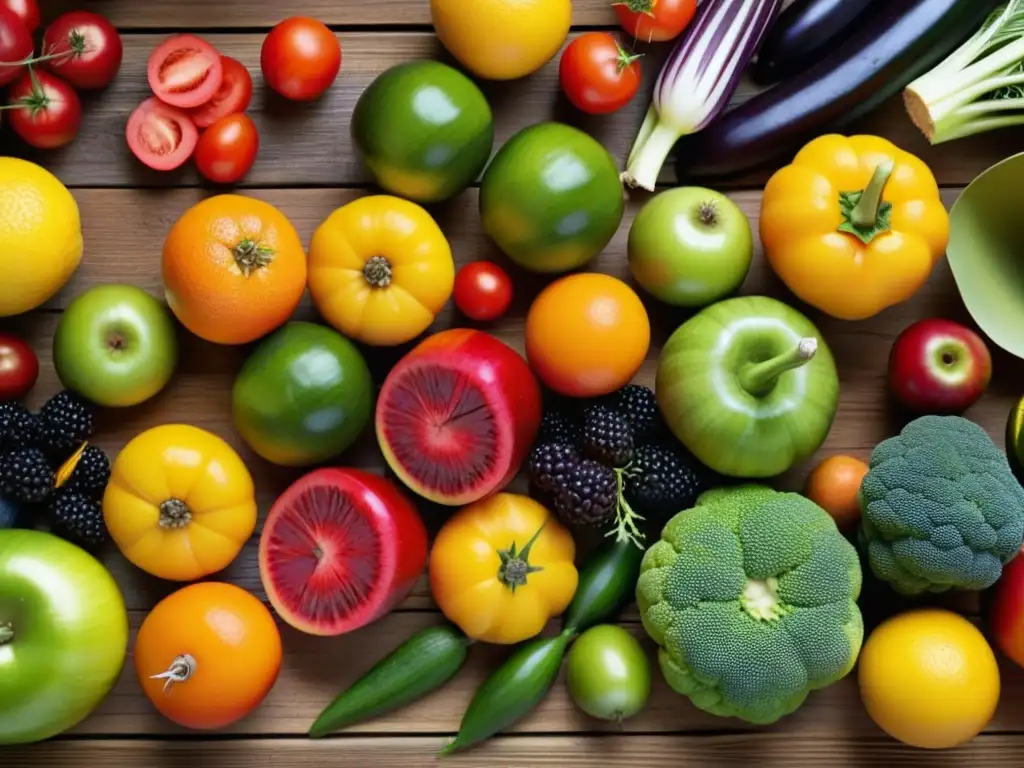 Variedad de frutas y verduras frescas en mesa de madera rústica, destacando colores y texturas