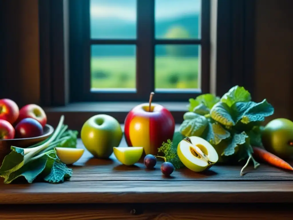 Una variedad de frutas y verduras medievales en una mesa rústica, destacando colores y texturas