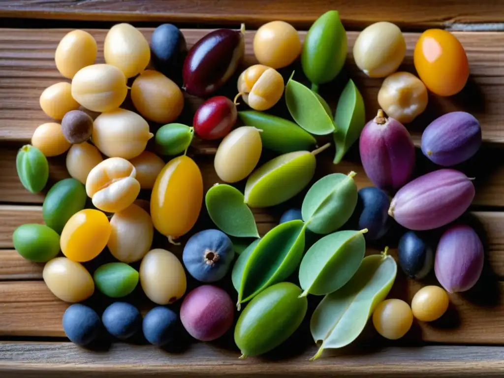 Variedad de legumbres antiguas en mesa de madera, resaltando sus propiedades antioxidantes e historia cultural