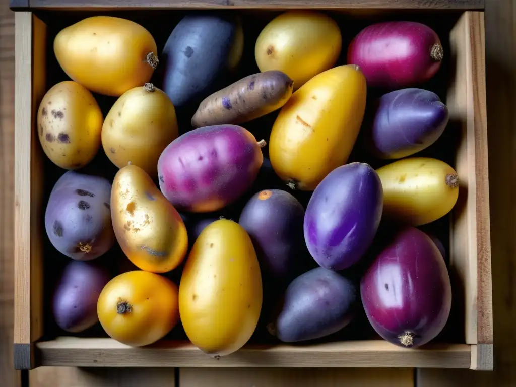 Una variedad de papas coloridas en caja de madera rústica, resaltando la diversidad y belleza de este tubérculo