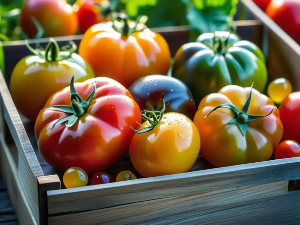 Una variedad de tomates antiguos en caja de madera, resaltando formas, colores y tamaños