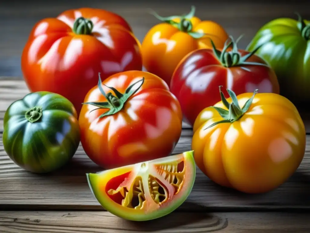 Variedad de tomates antiguos en mesa rústica, resaltando texturas y colores