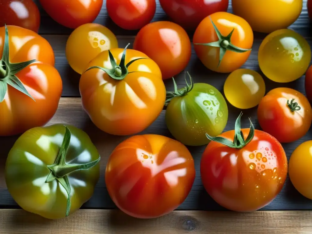 Una variedad de tomates orgánicos recién cosechados, con formas y colores vibrantes, sobre una mesa de madera rústica en un mercado