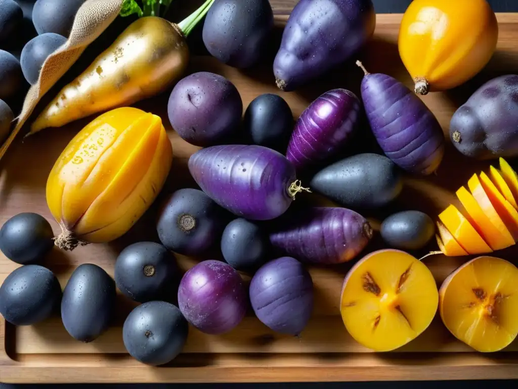 Exquisita variedad de tubérculos antiguos en tabla de corte de madera Variedad de tubérculos antiguos con beneficios antioxidantes en vibrantes colores y texturas, dispuestos en tabla de madera rústica