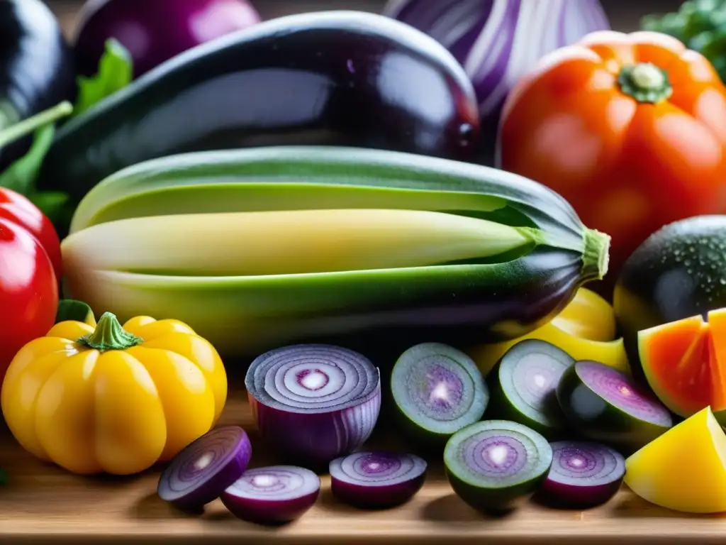 Una variedad de verduras coloridas y frescas sobre tabla de cortar de madera