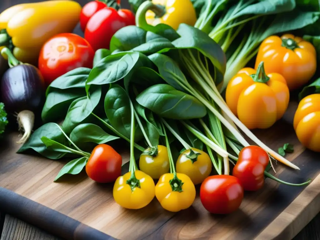 Una variedad de verduras frescas y coloridas sobre tabla de madera rústica