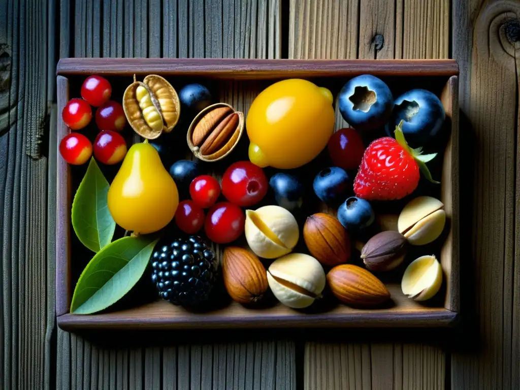 Una variedad vibrante de alimentos históricos antioxidantes culturales: bayas, nueces y semillas en detallado macro