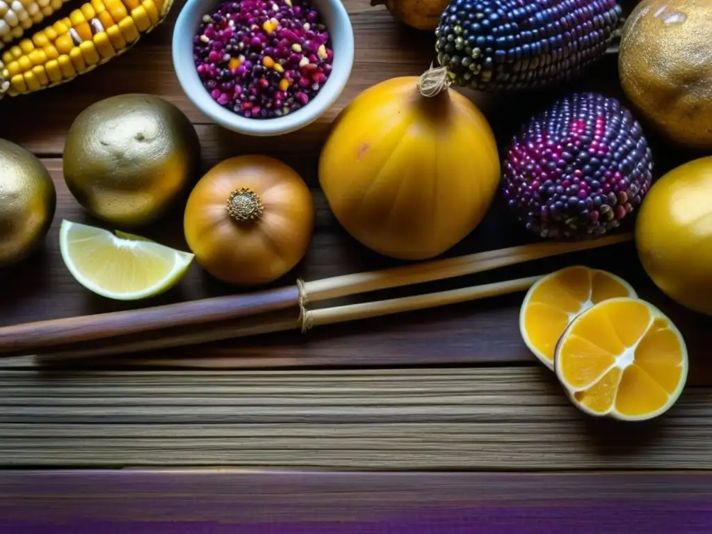 Una variedad vibrante de alimentos tradicionales incas en una mesa de madera rústica iluminada por luz natural