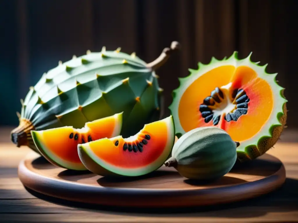 Una variedad vibrante de frutas exóticas africanas en detalle, sobre una tabla de madera rústica, iluminadas por la luz natural