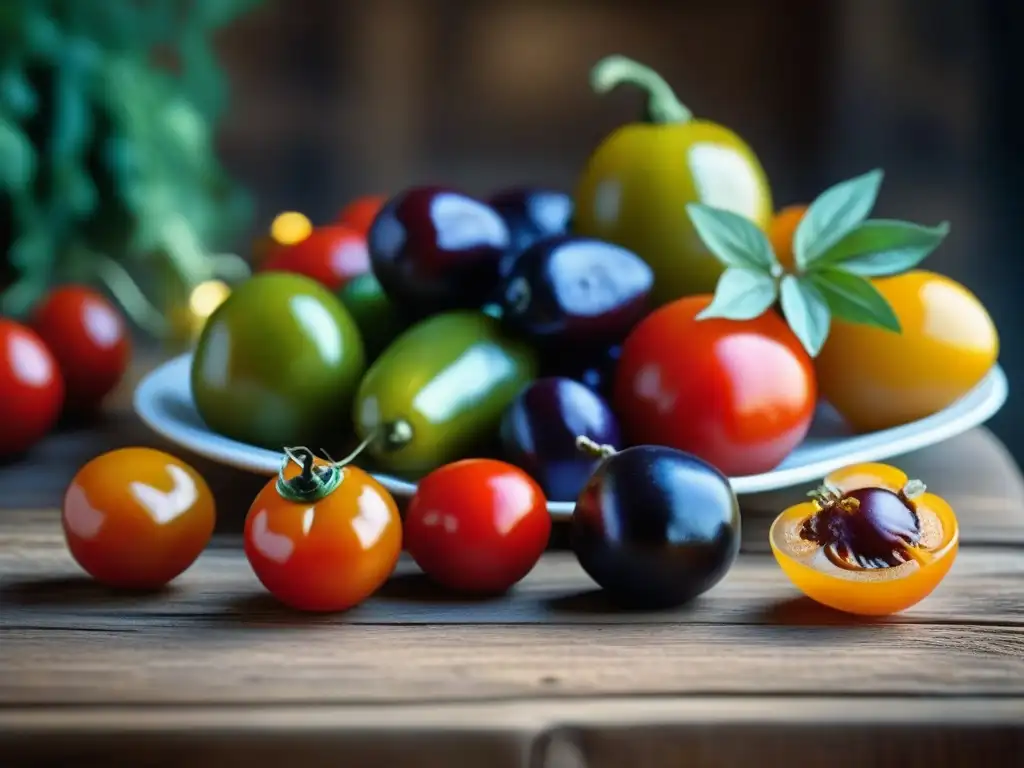 Una variedad vibrante de frutas y verduras mediterráneas en una mesa rústica, evocando la longevidad de la dieta mediterránea antigua