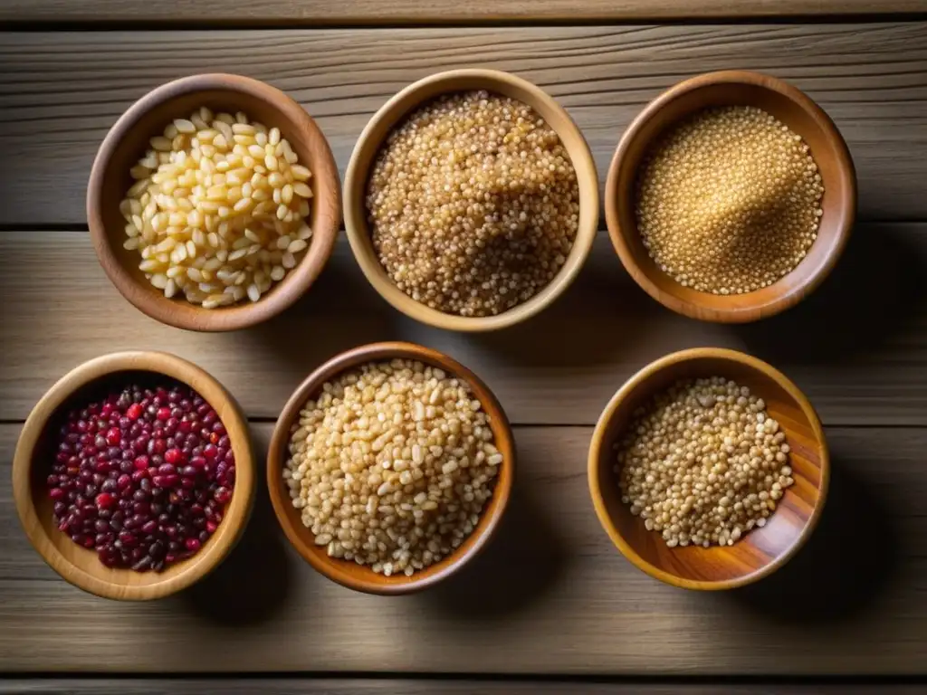 Una variedad vibrante de granos antiguos como quinoa, amaranto y farro en cuencos de madera sobre mesa rústica