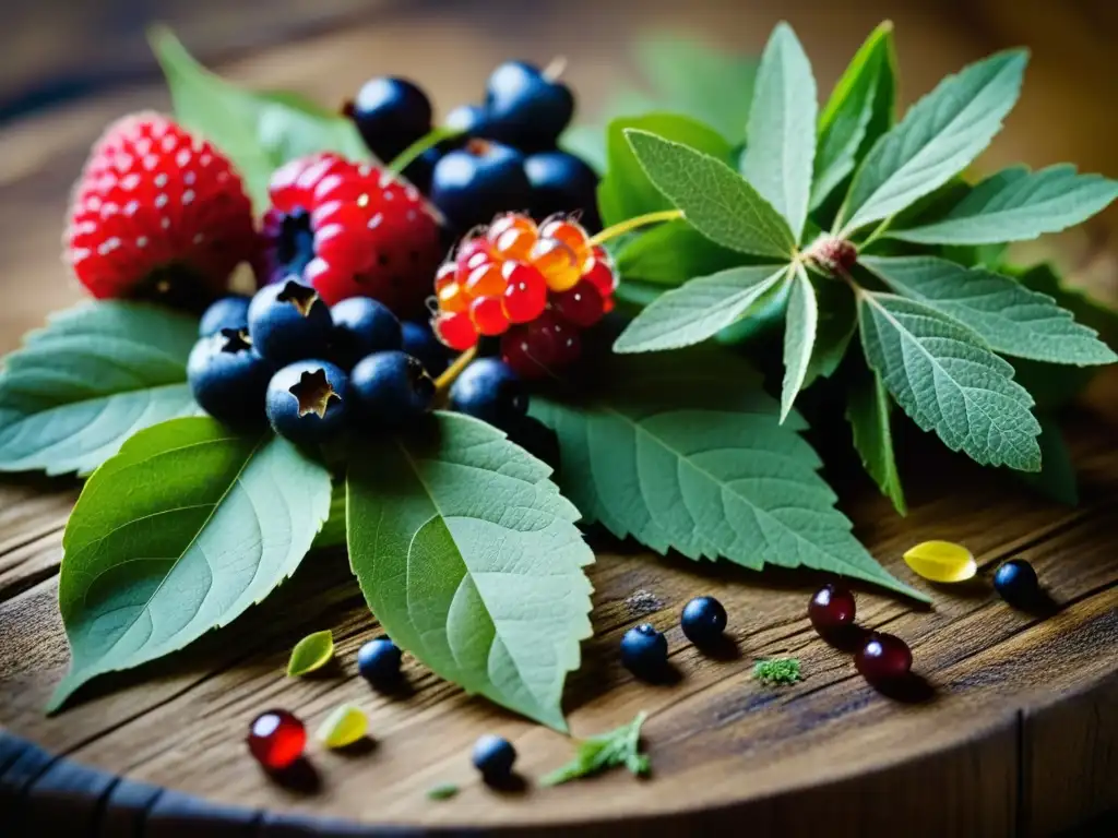 Armonía de hierbas curativas ancestrales: colores y texturas cautivadores Una variedad vibrante de hierbas curativas tradicionales dispuestas en una mesa de madera rústica