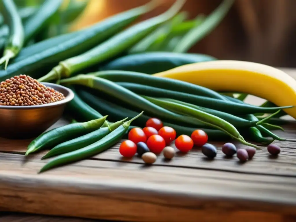 Una variedad vibrante de legumbres y vegetales sahelianos en una mesa rústica, resaltando la diversidad y valor nutricional