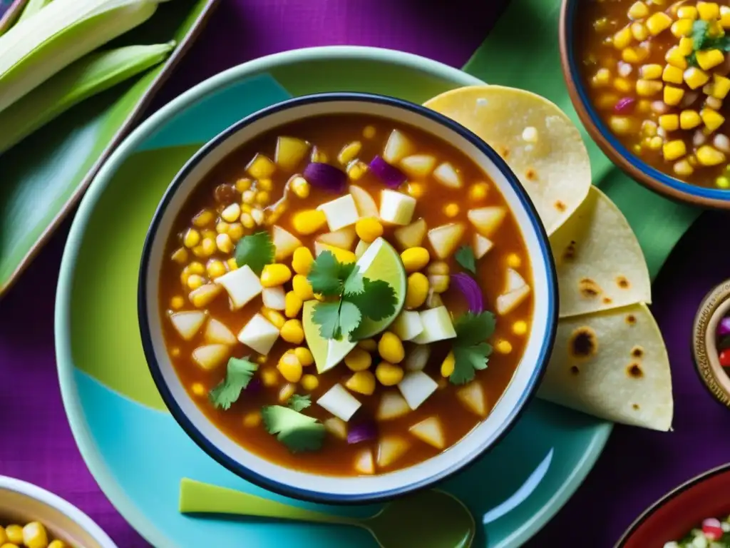 Una variedad vibrante de platillos tradicionales mexicanos a base de maíz, destacando la versatilidad del maíz en recetas