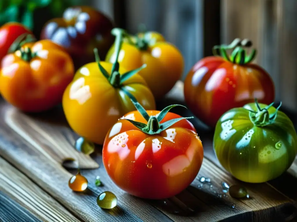 Una variedad vibrante de tomates antiguos en una mesa de madera rústica