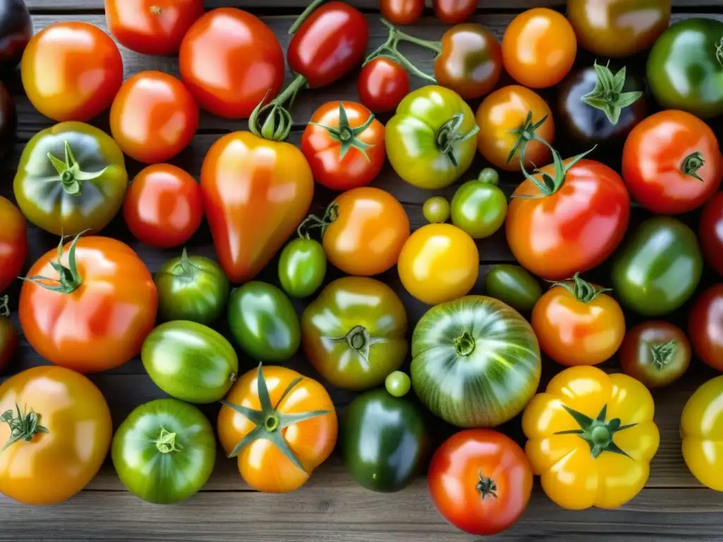 Una variedad vibrante de tomates antiguos en una mesa de madera rústica, destacando la biodiversidad y la belleza de Estrategias sostenibles en la alimentación