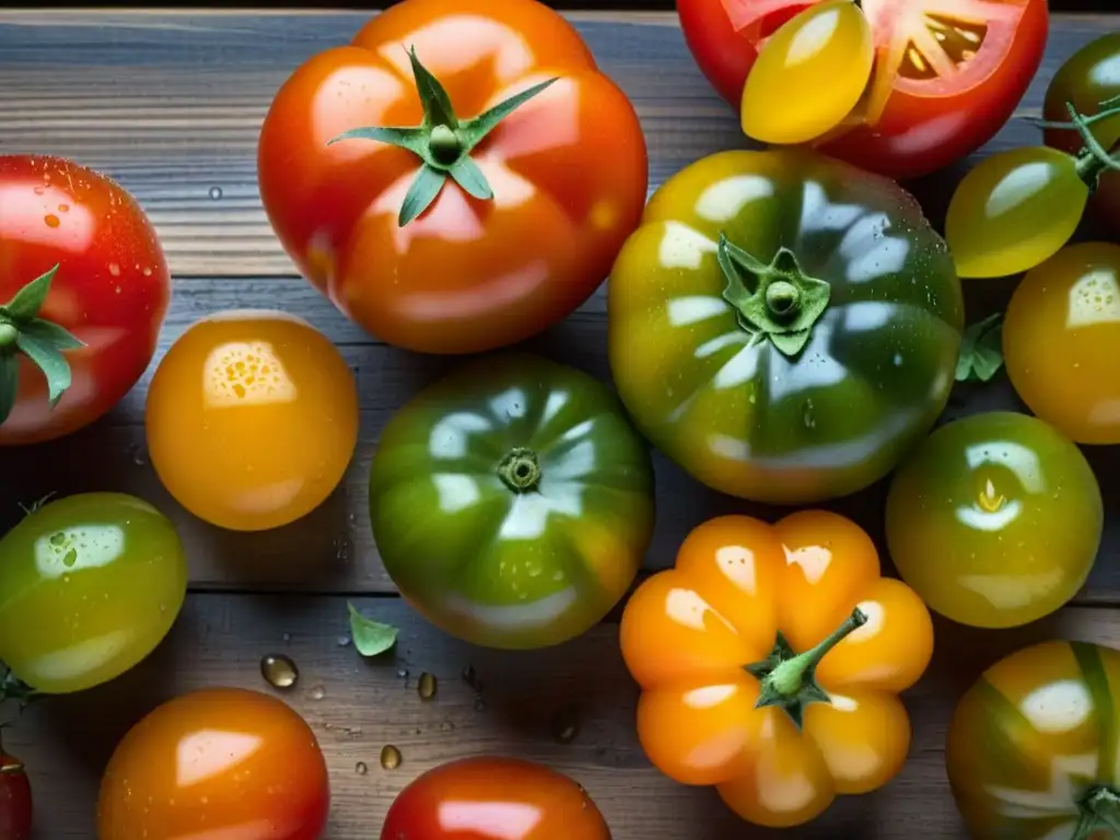 Una variedad vibrante de tomates orgánicos heirloom en tabla de madera rústica