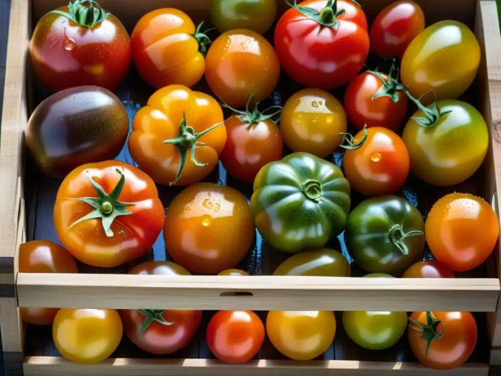 Una variedad vibrante de tomates orgánicos en una caja de madera rústica, resaltando su frescura