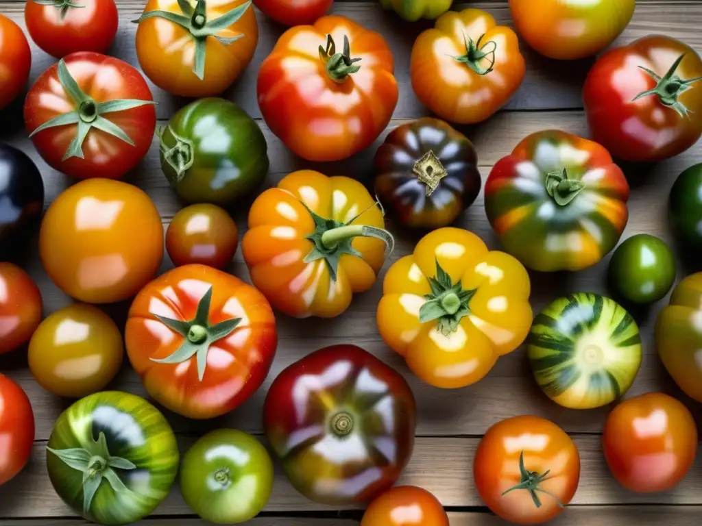 Una variedad vibrante de tomates orgánicos heredados, con formas, tamaños y colores únicos, sobre una mesa de madera rústica