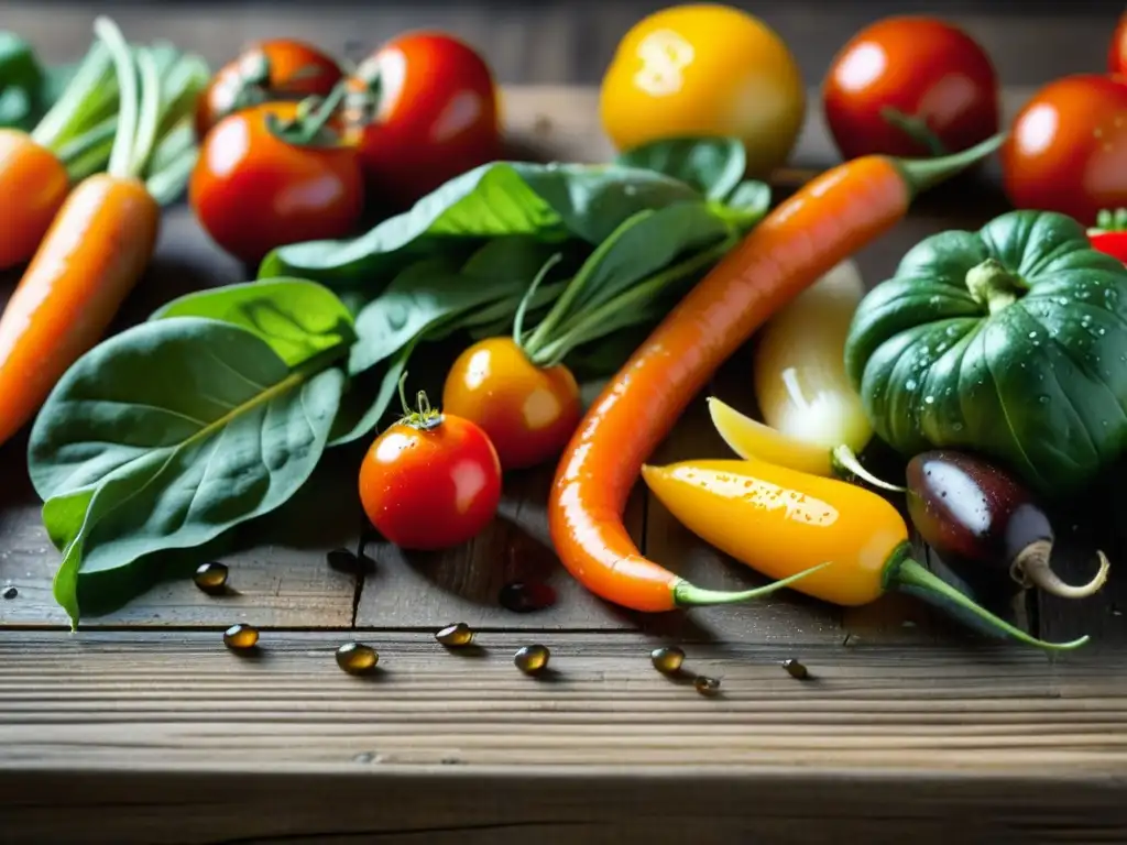 Una variedad vibrante de vegetales frescos en una mesa de madera rústica, resaltando la esencia orgánica de una dieta monástica vegetariana historia