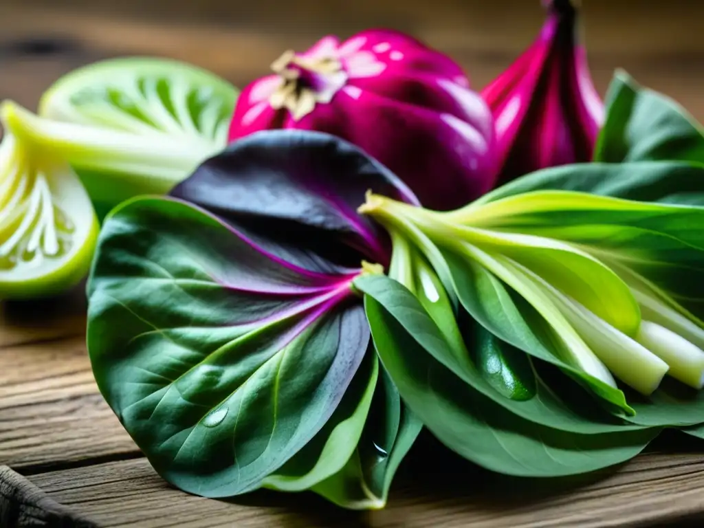 Una variedad vibrante de verduras asiáticas frescas en una mesa de madera rústica, destacando la frescura y diversidad de la dieta asiática