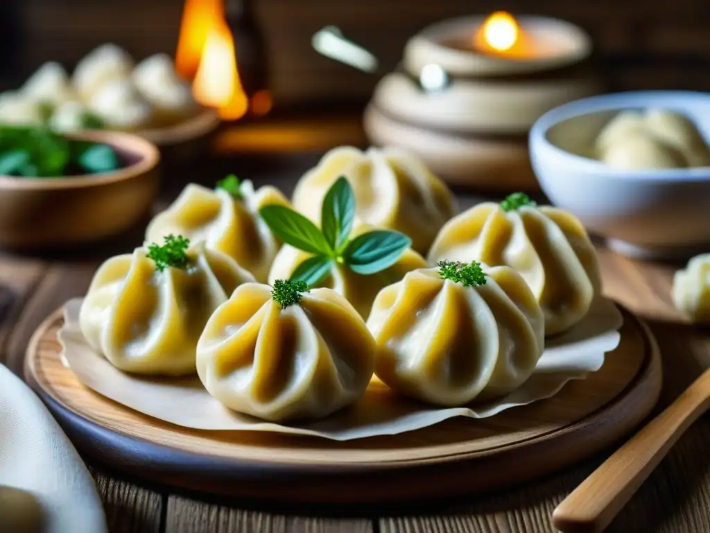 Variedades de dumplings austrohúngaros meticulosamente detallados en una mesa rústica de madera, resaltando la rica herencia culinaria