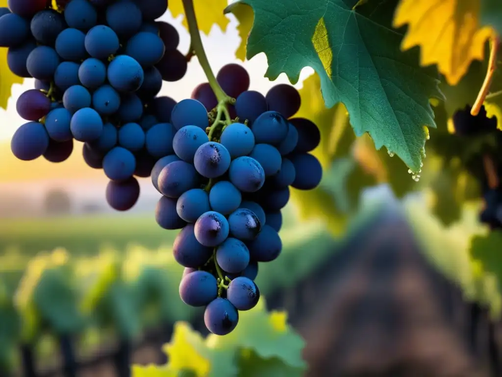 Variedades olvidadas uvas revolucionando viticultura: racimo de uvas moradas brillantes cubiertas de rocío, en viñedo al amanecer