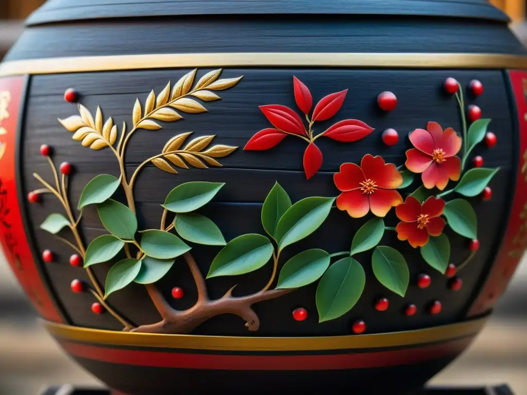 Una vasija de fermentación en la Antigua China, tallada en madera oscura y decorada con motivos rojos y dorados